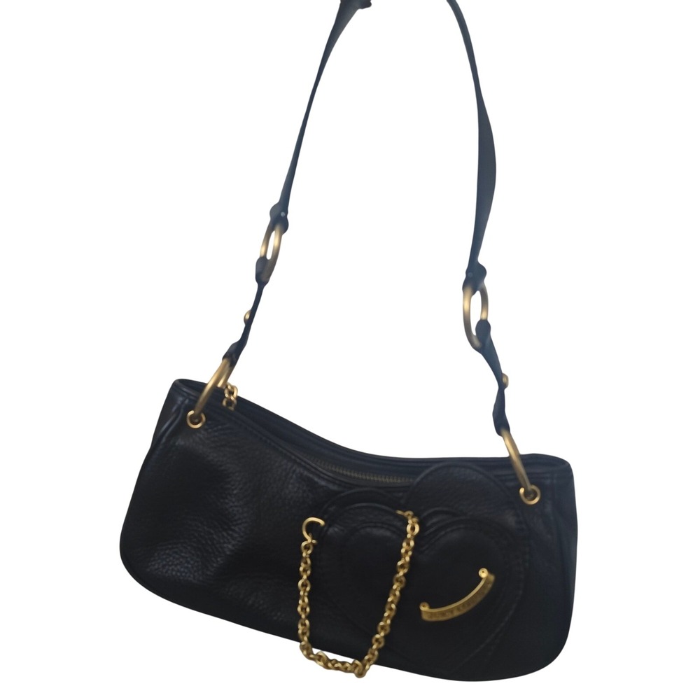Juicy Couture Black Pebbled Leather Heart Mirror Baguette Shoulder Bag  Y2K